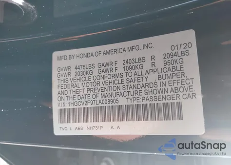 2020 Honda Accord Touring z USA, uszkodzony, nr VIN 1HGCV2F97LA008905
